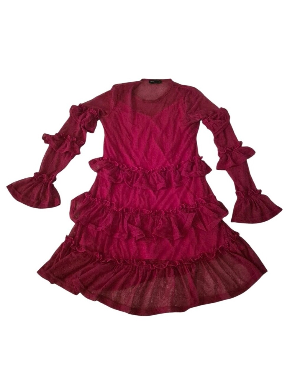 The Fifth Label Red Ruffled Tiered Mesh Long Sleeve Dress Large